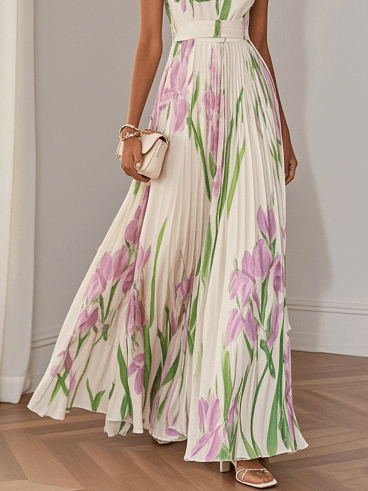 Women's White Pleated Floral Maxi Dress