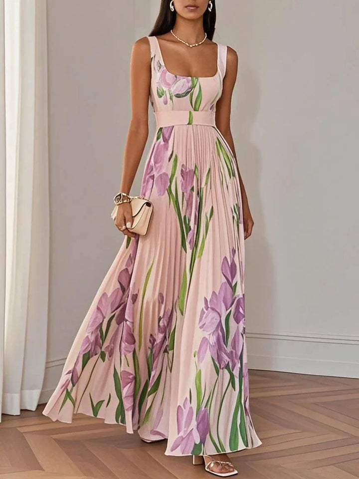 Women's White Pleated Floral Maxi Dress