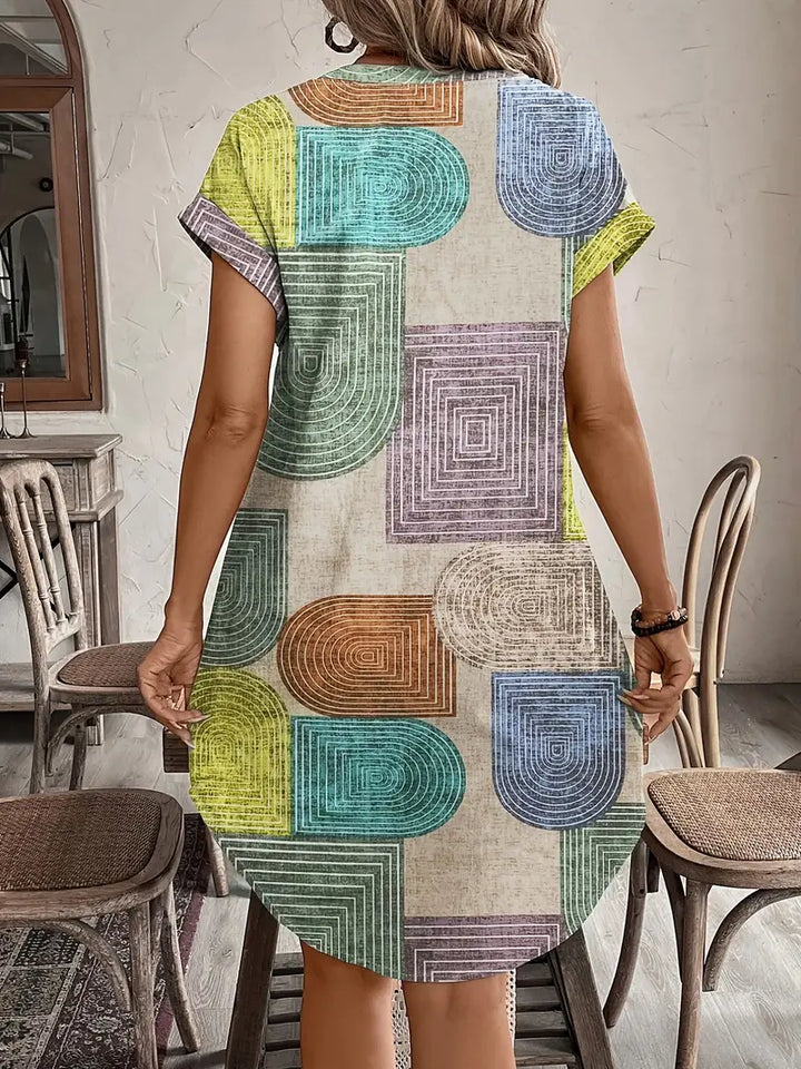 Women's Geometric Print Mini Dress Button Front V-Neck