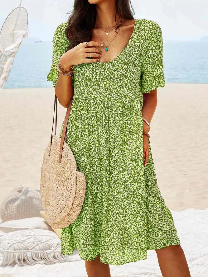 Women's Floral Midi Dress Short Sleeve V-Neck Pockets Casual
