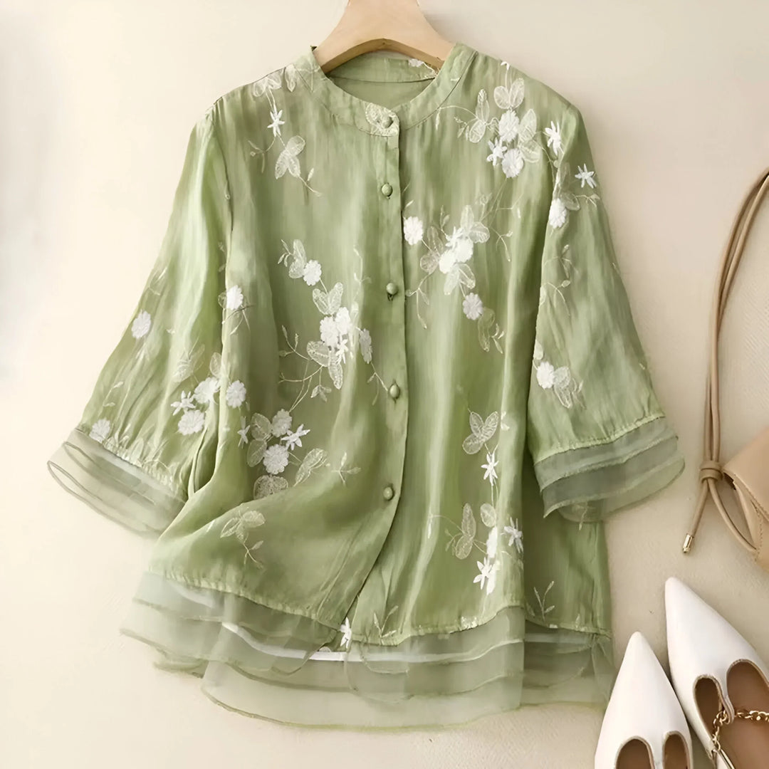 Women's Cotton Top with Embroidered Flowers