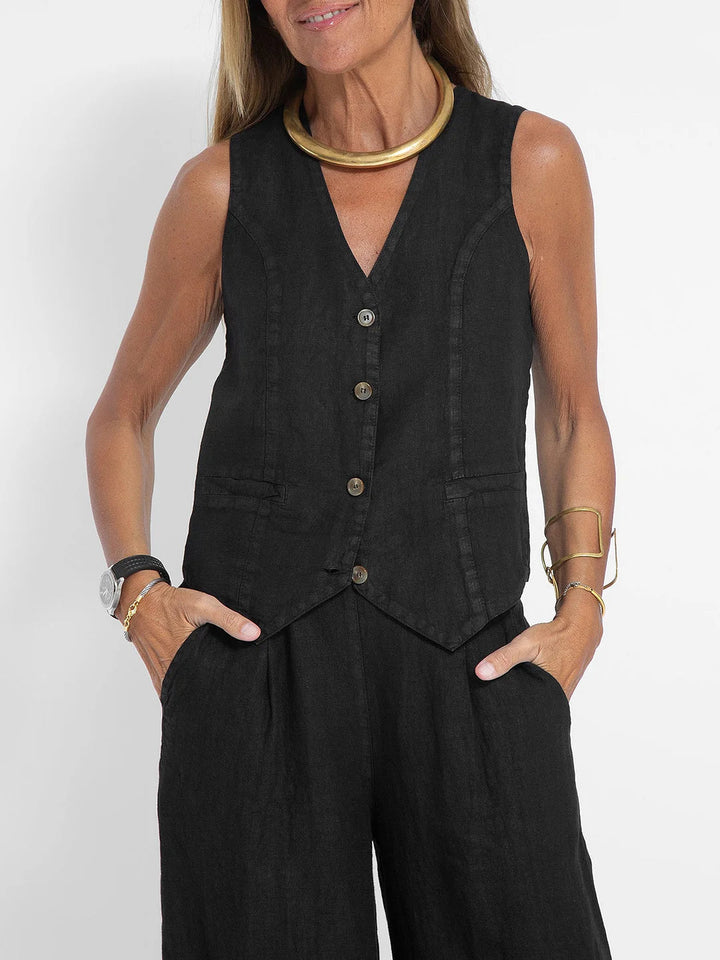 Women's Buttoned Vest & Wide-Leg Trousers Set