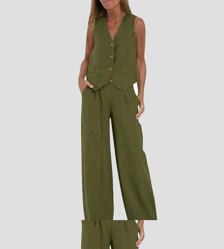 Women's Buttoned Vest & Wide-Leg Trousers Set