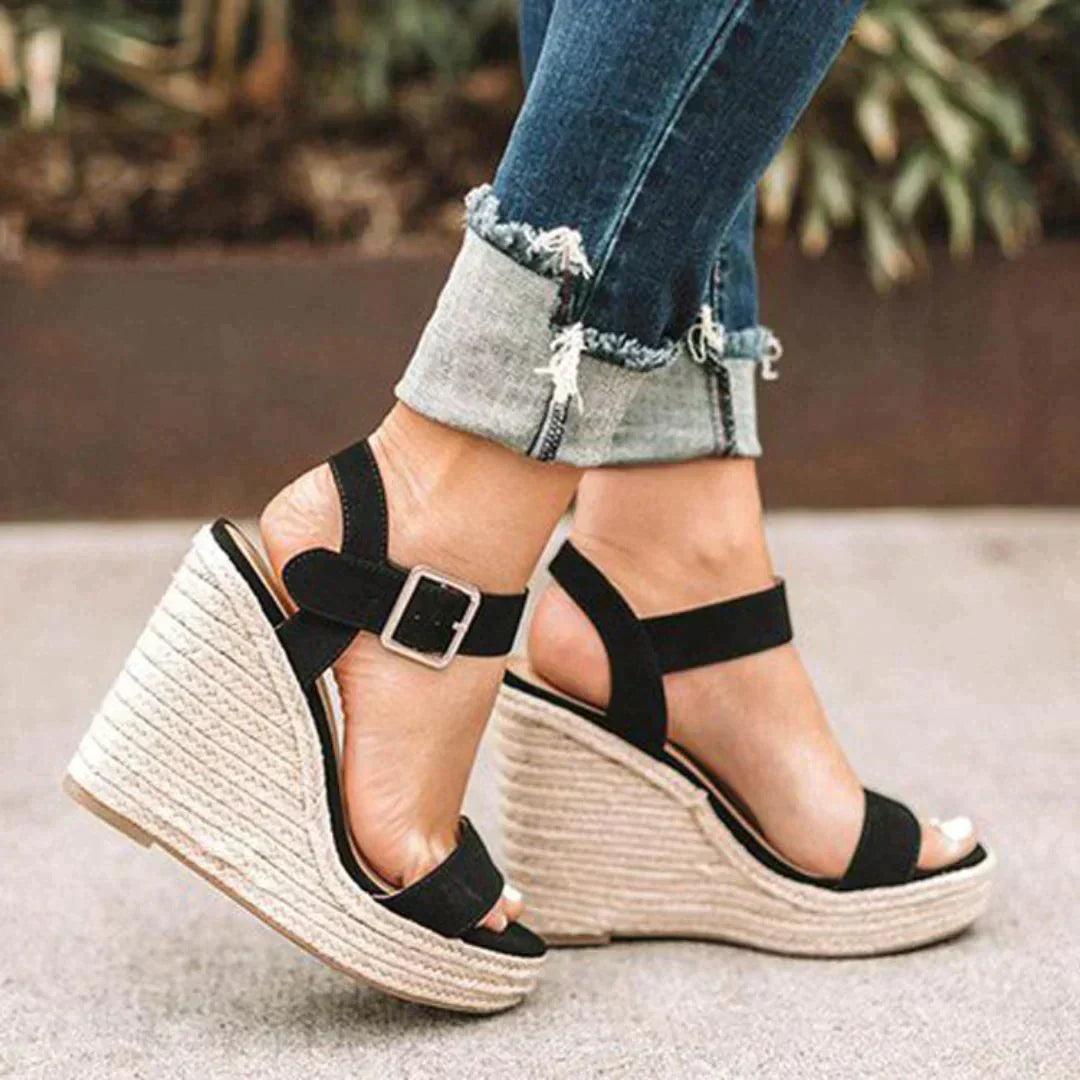 Women's Wedge Sandals - Open Toe - Ankle Strap with Buckle