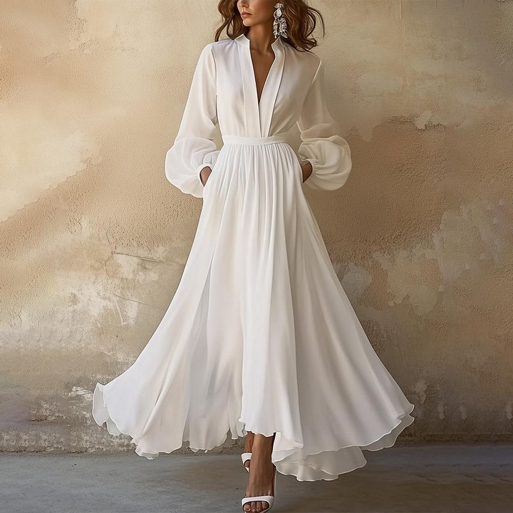 Women's Vintage Plain White V-Neck Maxi Dress