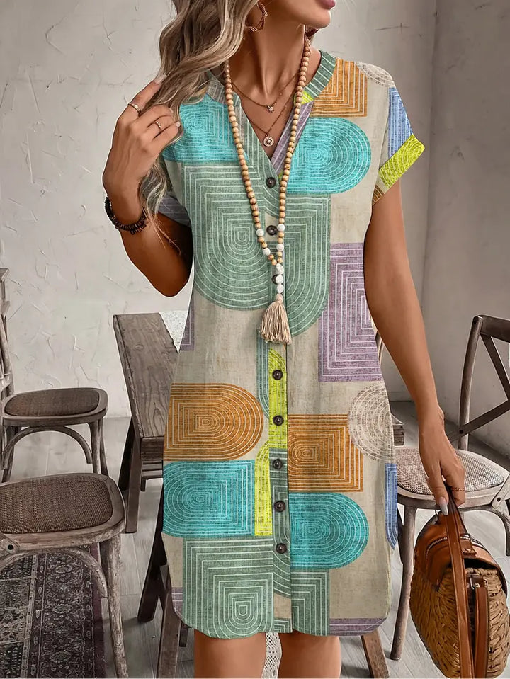 Women's Geometric Print Mini Dress Button Front V-Neck