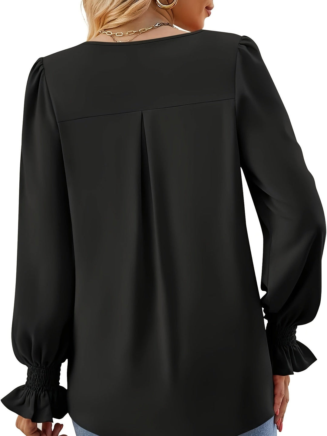 Women's V-Neck Blouse Long Sleeve Smocked Cuff Top