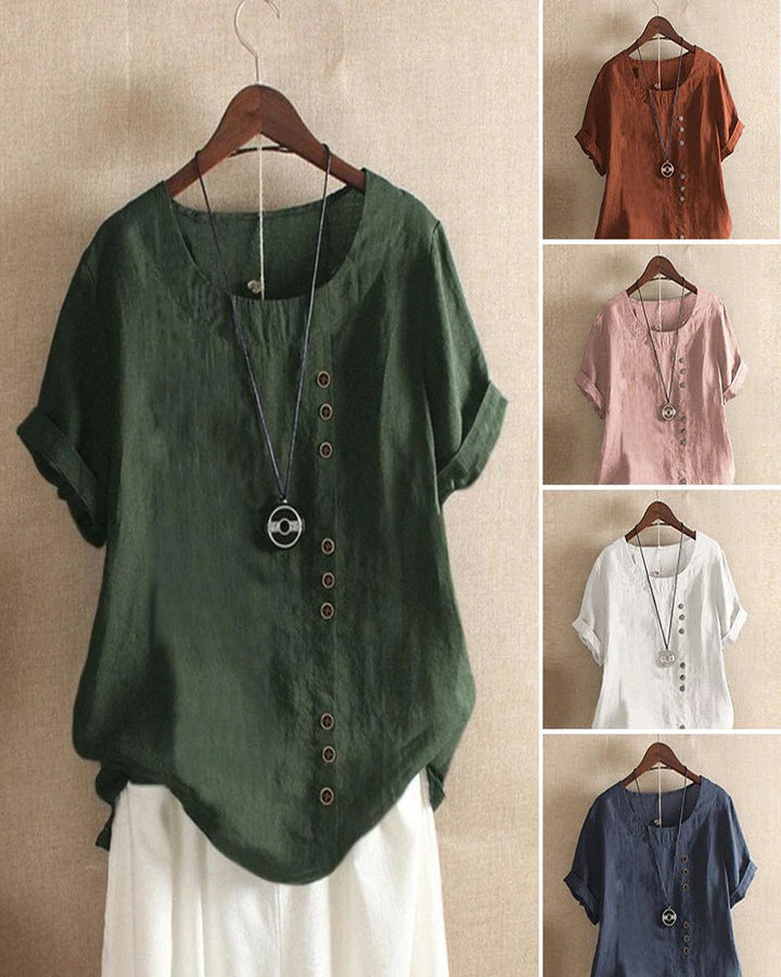 Women's Linen Button Front Short Sleeve Top Relaxed Fit
