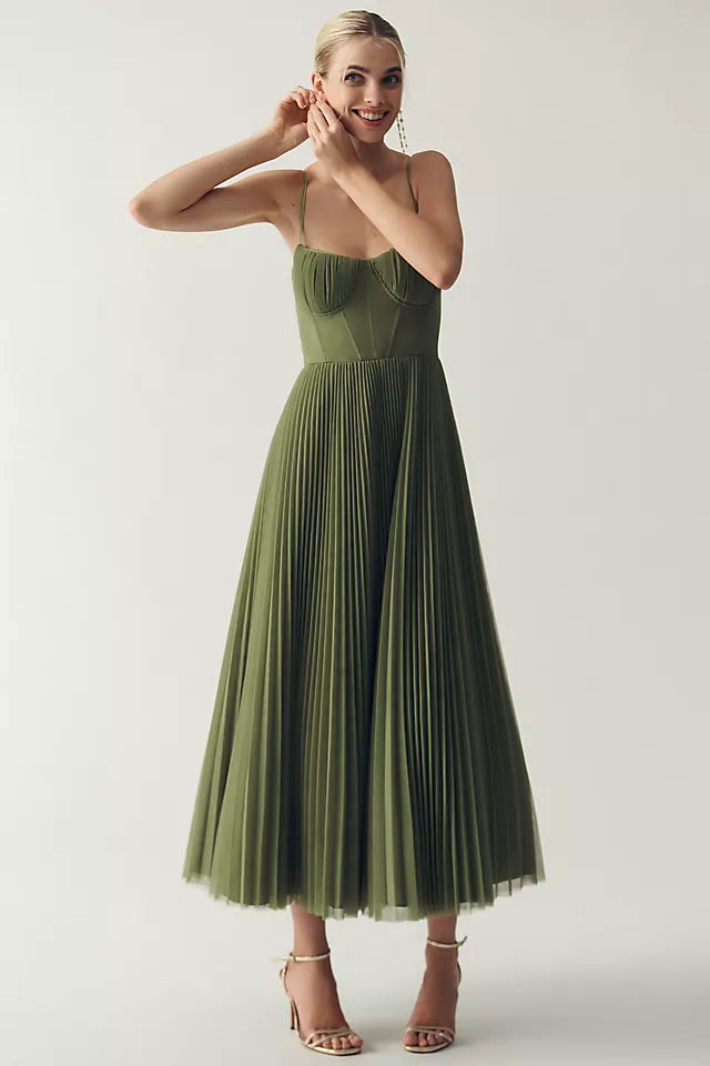 Women's Elegant Pleated Dress with Spaghetti Straps