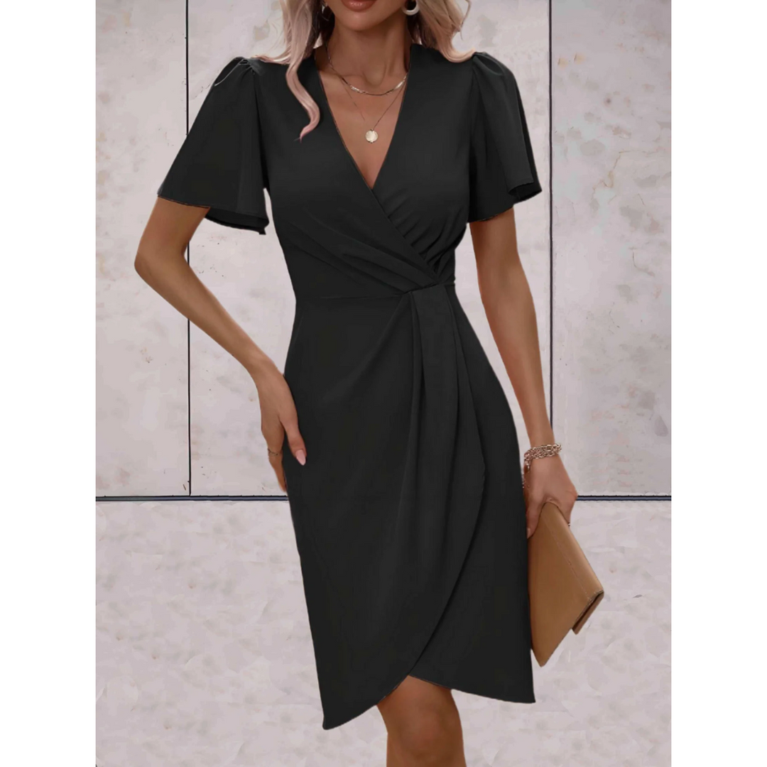 Women's Wrap Midi Dress Flutter Sleeve V-Neck Bodycon