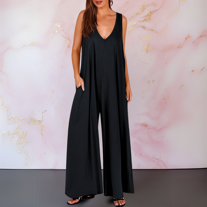 Women's V-Neck Sleeveless Wide Leg Jumpsuit with Pockets