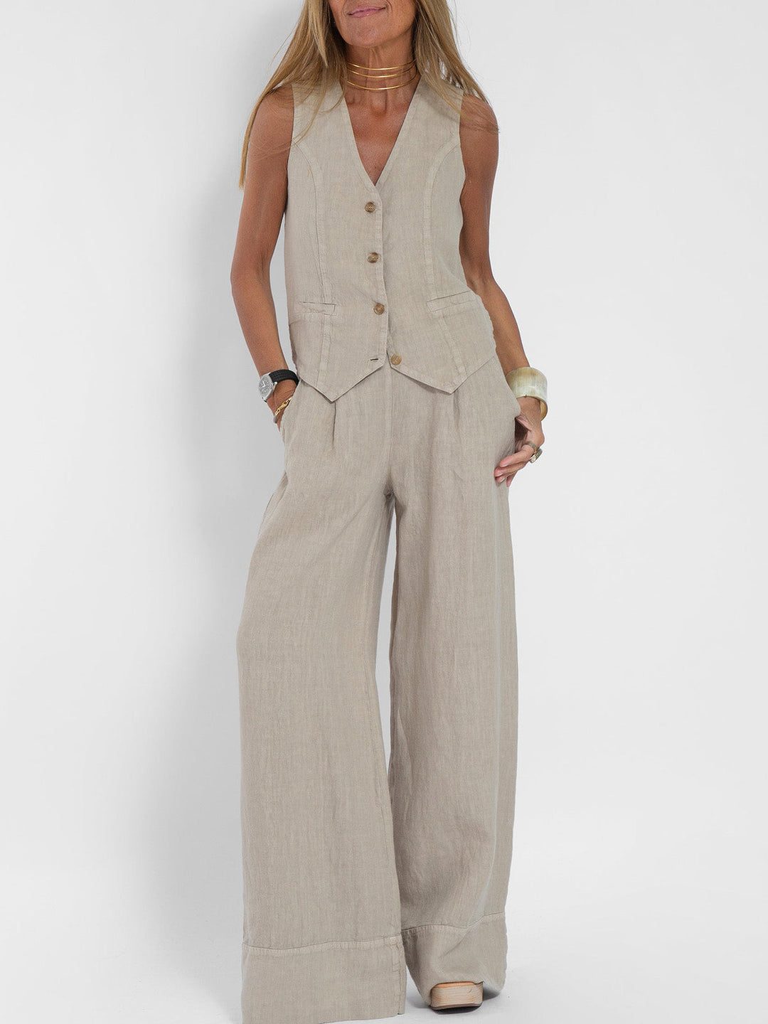 Women's Buttoned Vest & Wide-Leg Trousers Set