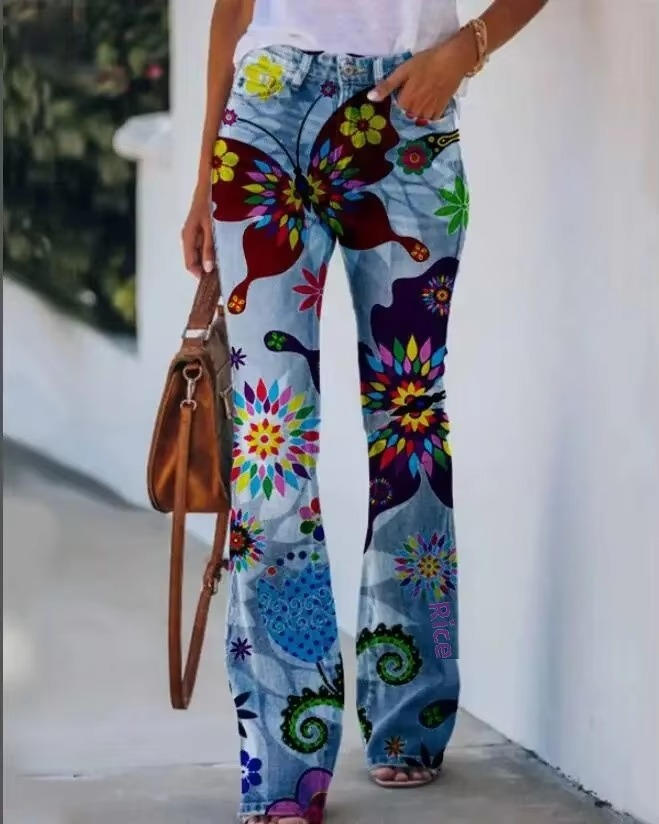 Women's Floral Print High Waist Straight Leg Jeans