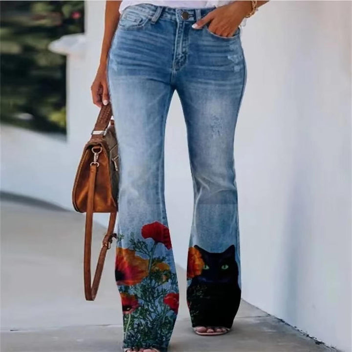 Women's Floral Print High Waist Straight Leg Jeans