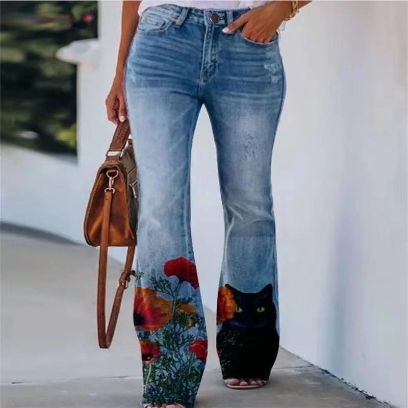 Women's Floral Print High Waist Flare Jeans