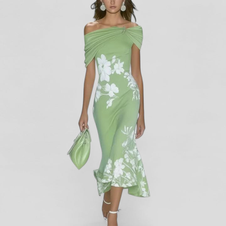 Women's  Off-Shoulder Floral Midi Dress Ruffle Hem
