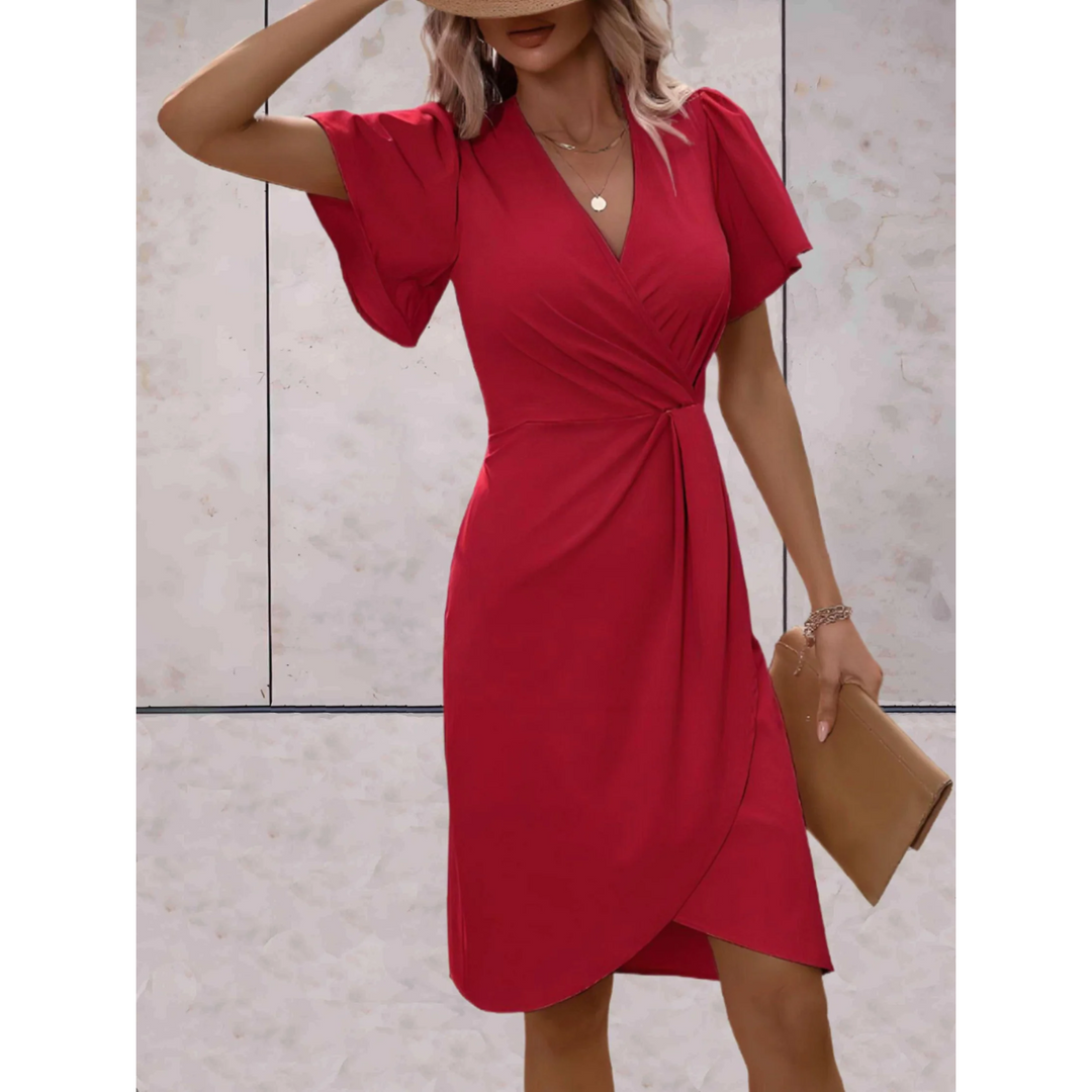 Women's Wrap Midi Dress Flutter Sleeve V-Neck Bodycon