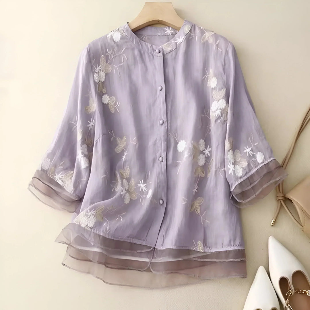 Women's Cotton Top with Embroidered Flowers
