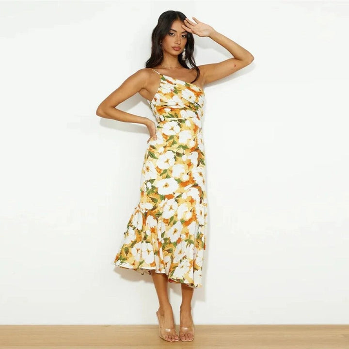 Women's Maxi Dress with Asymmetrical Cut and Floral Pattern