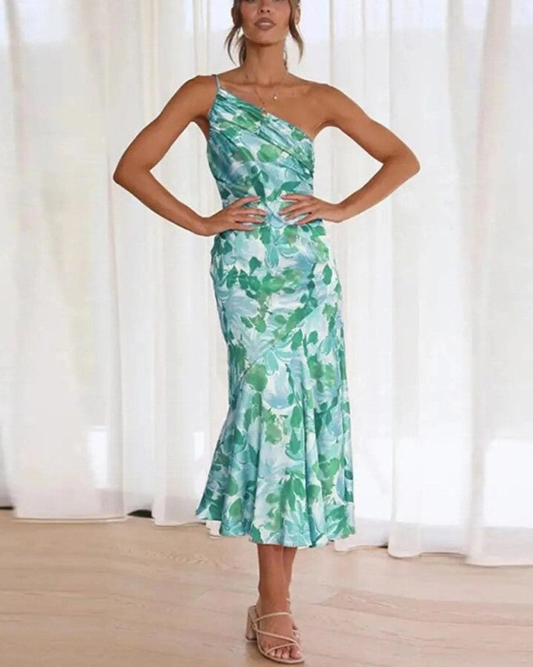Women's Maxi Dress with Asymmetrical Cut and Floral Pattern
