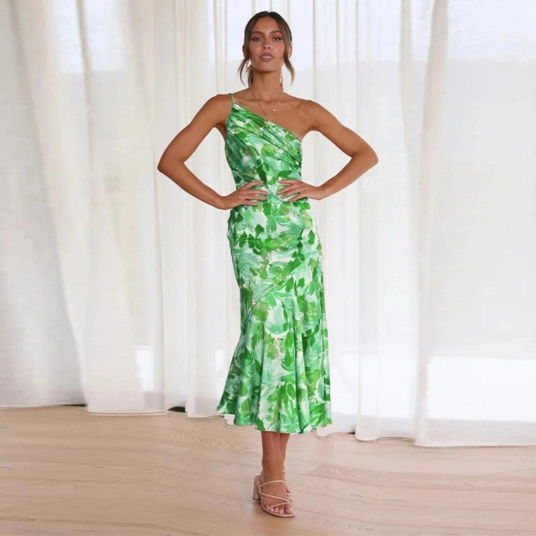 Women's Maxi Dress with Asymmetrical Cut and Floral Pattern