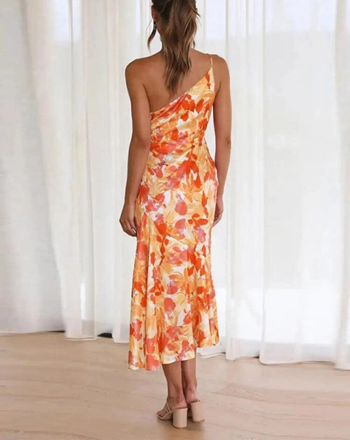 Women's Maxi Dress with Asymmetrical Cut and Floral Pattern