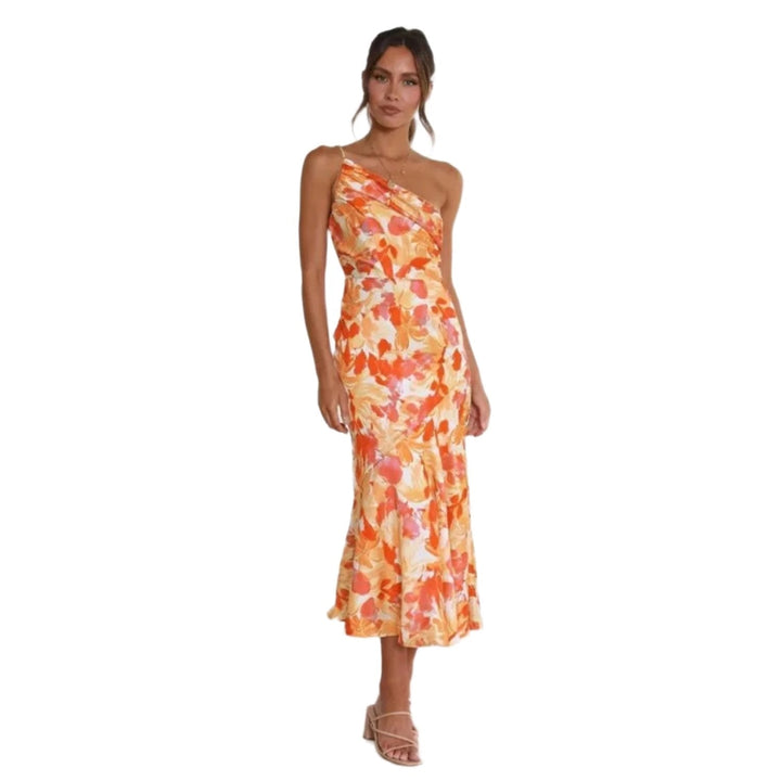 Women's Maxi Dress with Asymmetrical Cut and Floral Pattern