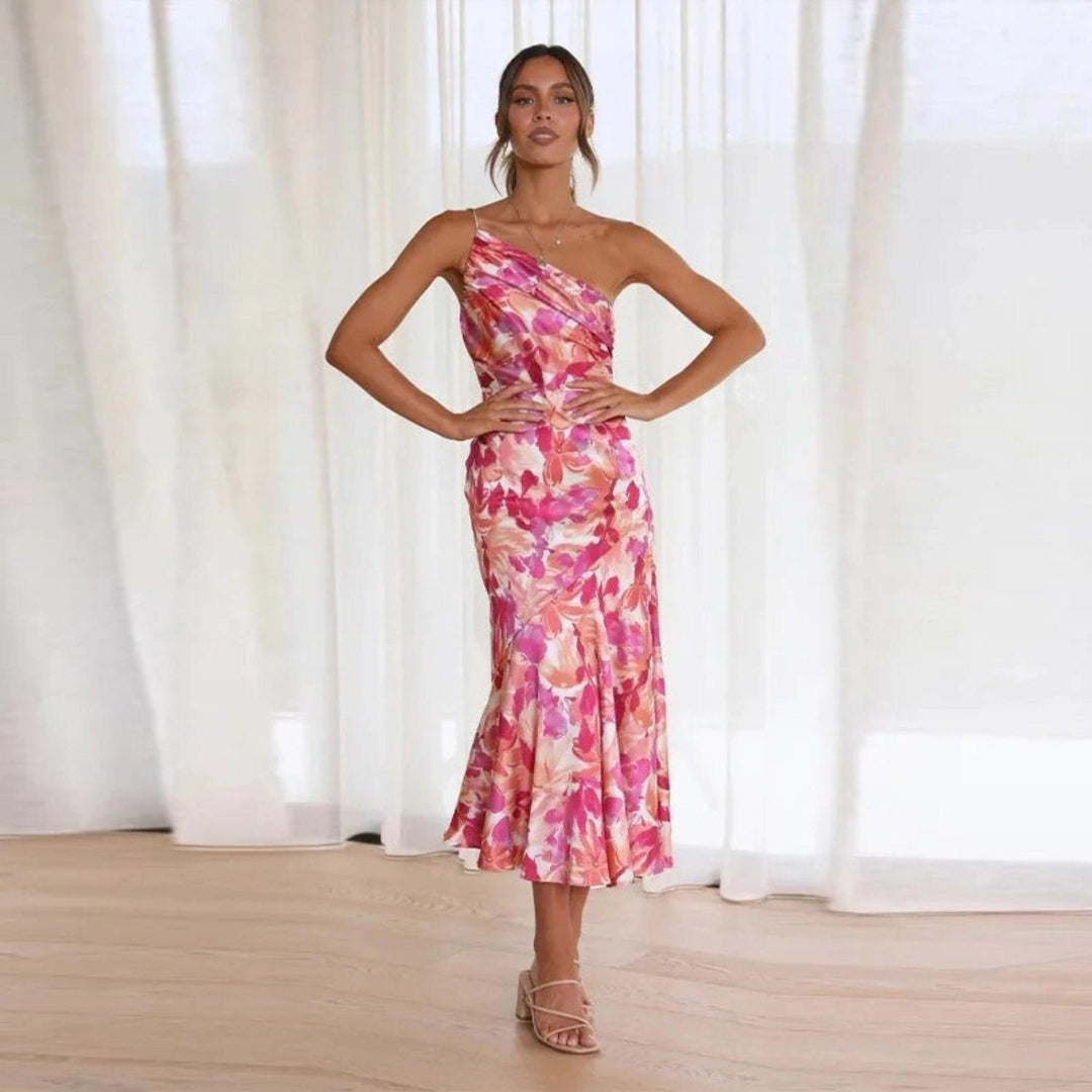 Women's Maxi Dress with Asymmetrical Cut and Floral Pattern