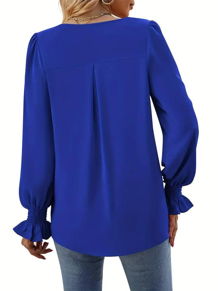 Women's V-Neck Blouse Long Sleeve Smocked Cuff Top