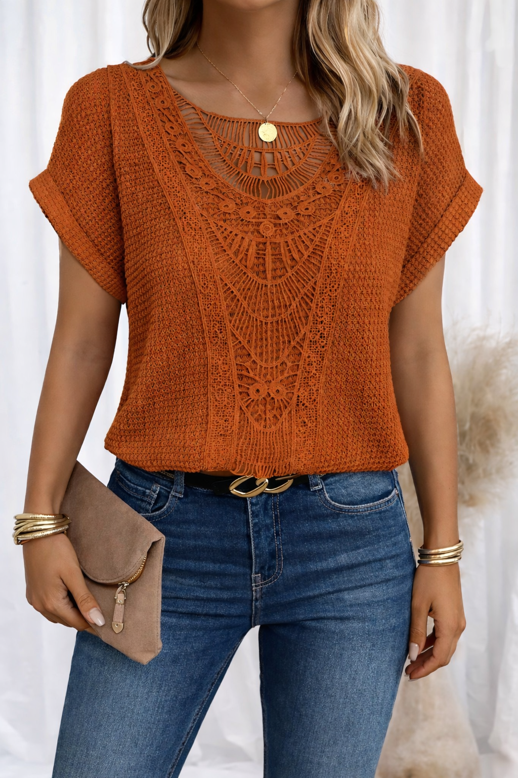 Women's Top with Round Neck and Lace Trim
