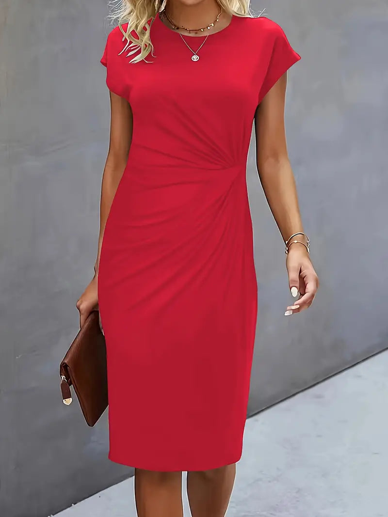 Women's Ruched Midi Dress Short Sleeve Bodycon Work Dress