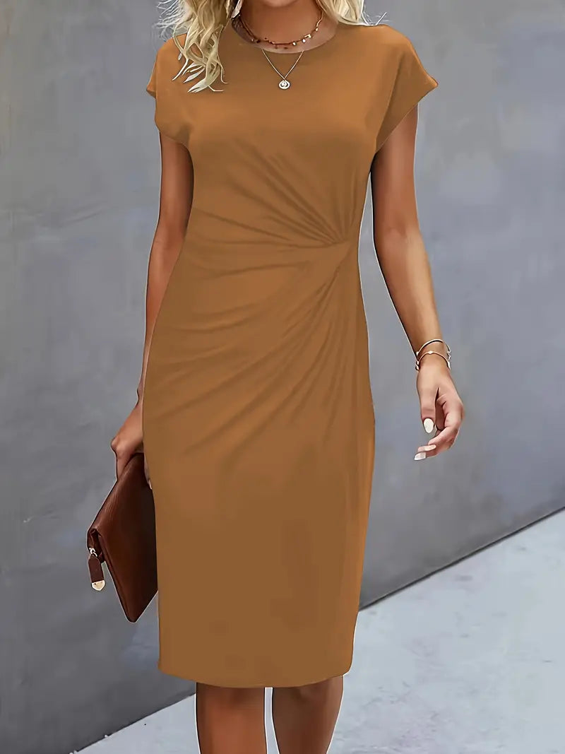 Women's Ruched Midi Dress Short Sleeve Bodycon Work Dress