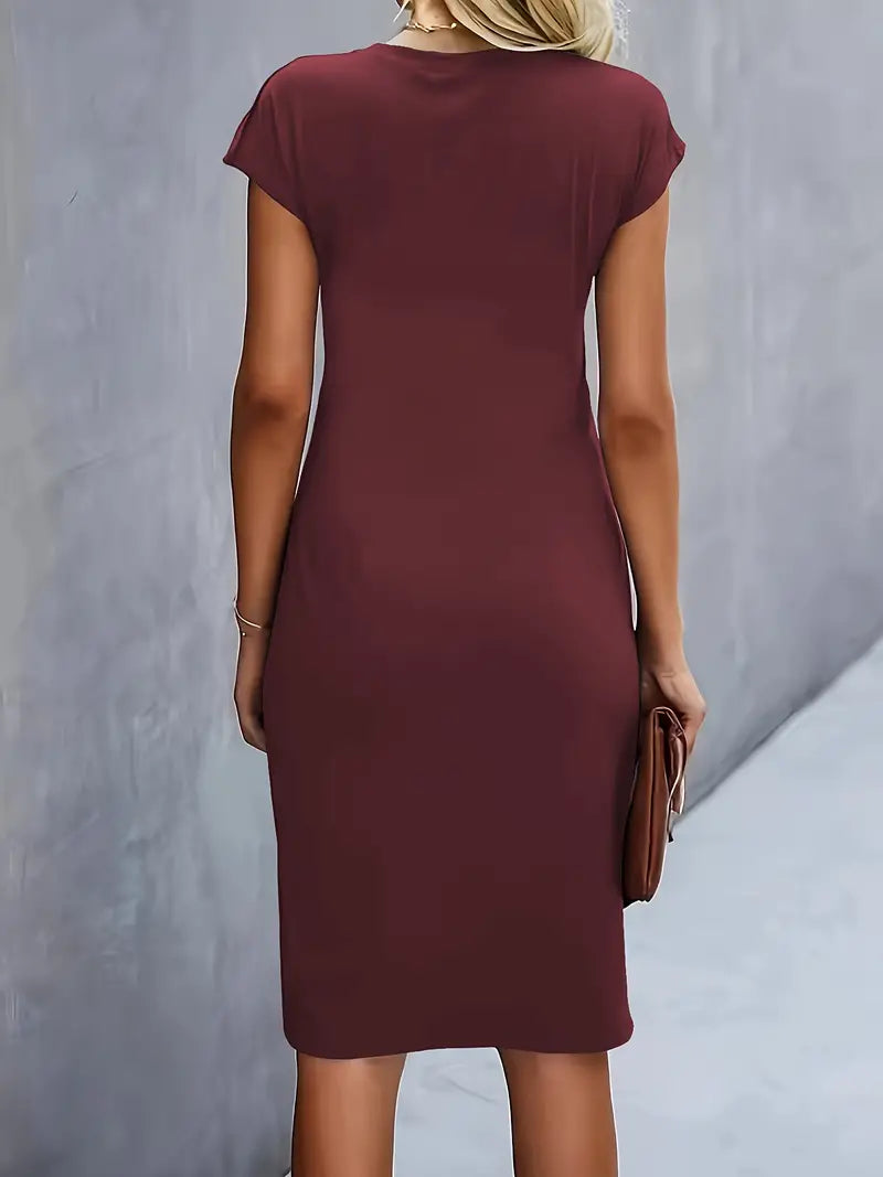 Women's Ruched Midi Dress Short Sleeve Bodycon Work Dress