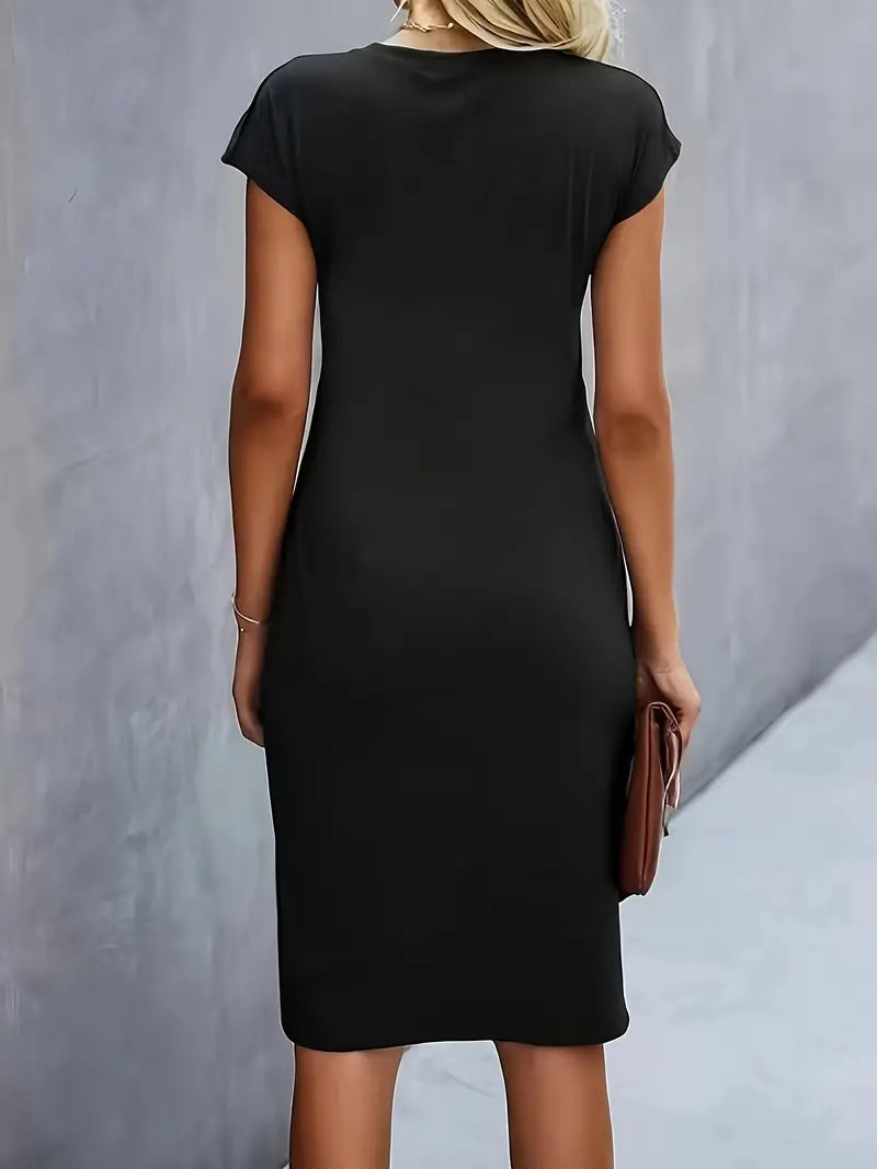 Women's Ruched Midi Dress Short Sleeve Bodycon Work Dress