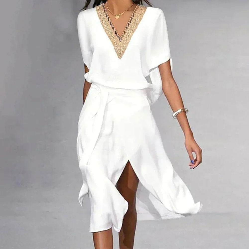 Women's White Midi Dress V-Neck Gold Trim Short Sleeve