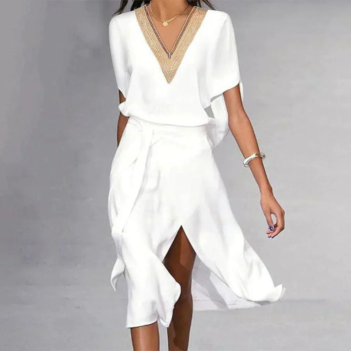Women's White Midi Dress V-Neck Gold Trim Short Sleeve