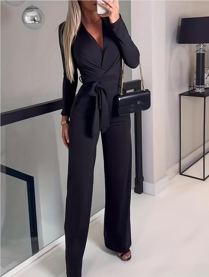 Women's Wide Leg Jumpsuit V-Neck Tie Waist