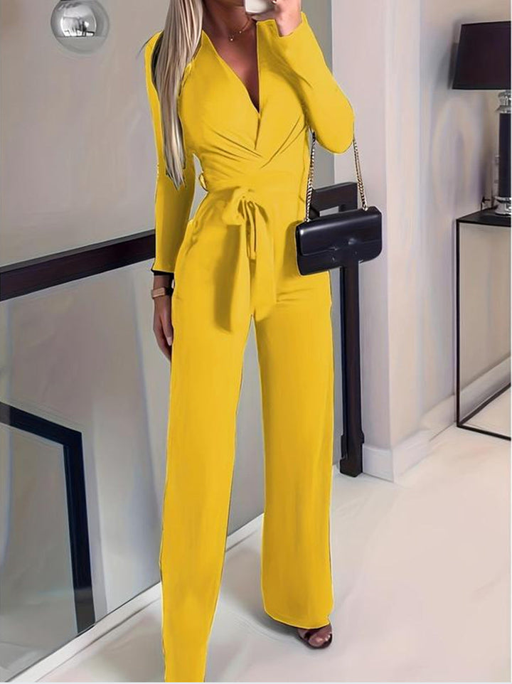 Women's Wide Leg Jumpsuit V-Neck Tie Waist