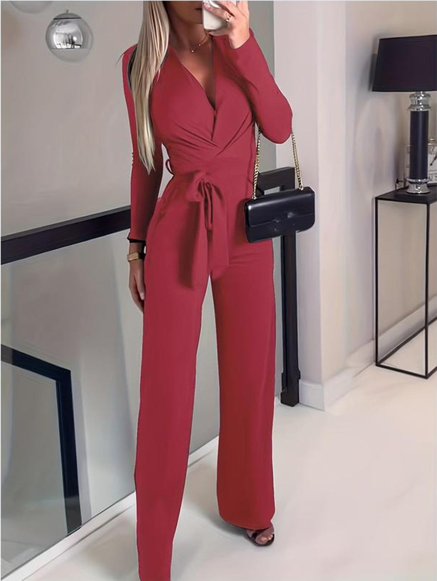 Women's Wide Leg Jumpsuit V-Neck Tie Waist