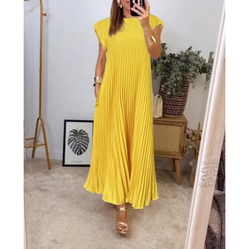 Women's Short Sleeve Pleated Maxi Dress