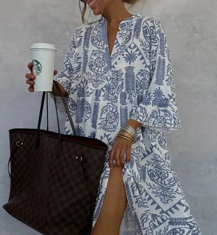 Women's  Boho Midi Dress Long Sleeve V-Neck Blue Print Tiered