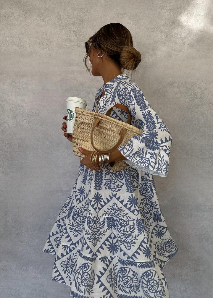 Women's  Boho Midi Dress Long Sleeve V-Neck Blue Print Tiered