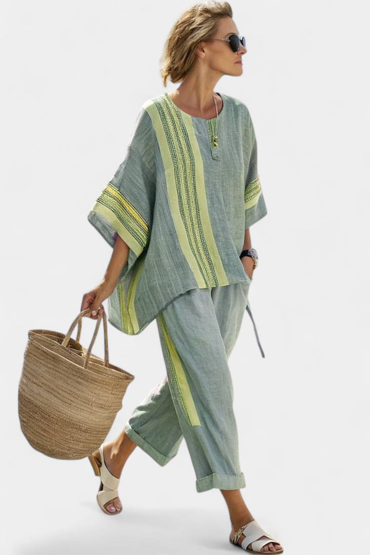 Women's Contrast Trim Top Wide Leg Pants Set