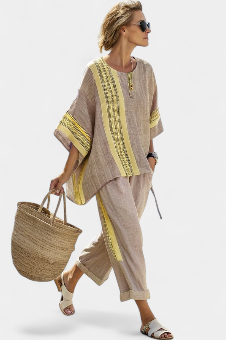 Women's Contrast Trim Top Wide Leg Pants Set