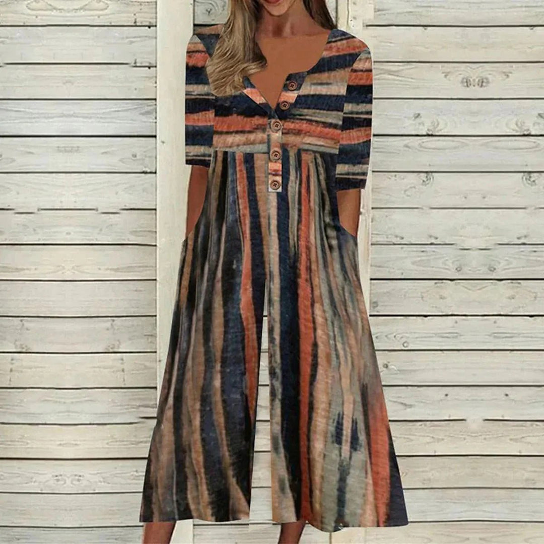 Women's Printed V-Neck Short Sleeve Jumpsuit Wide Leg