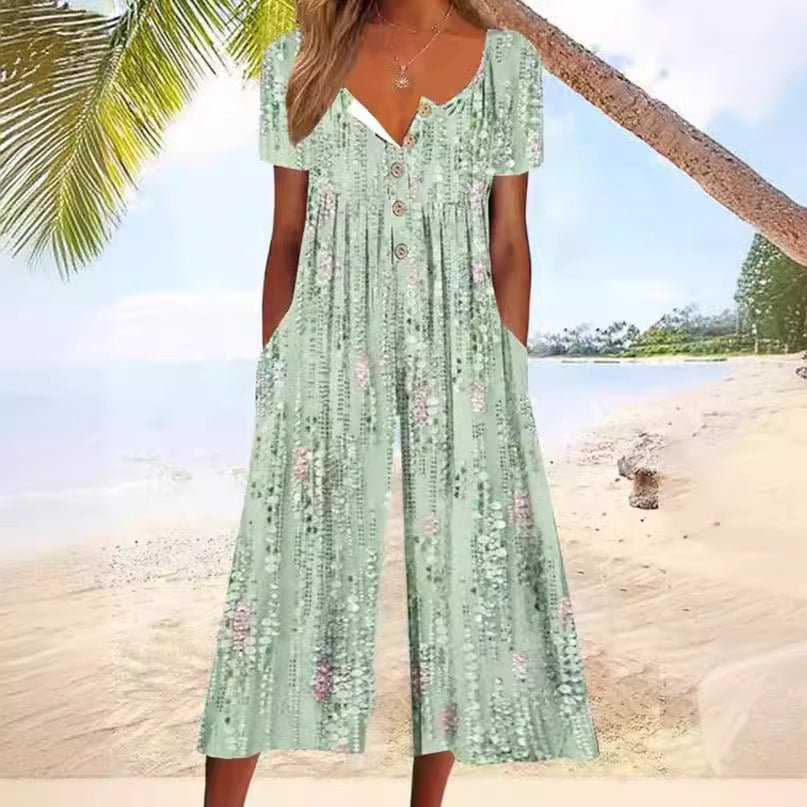 Women's Printed V-Neck Short Sleeve Jumpsuit Wide Leg
