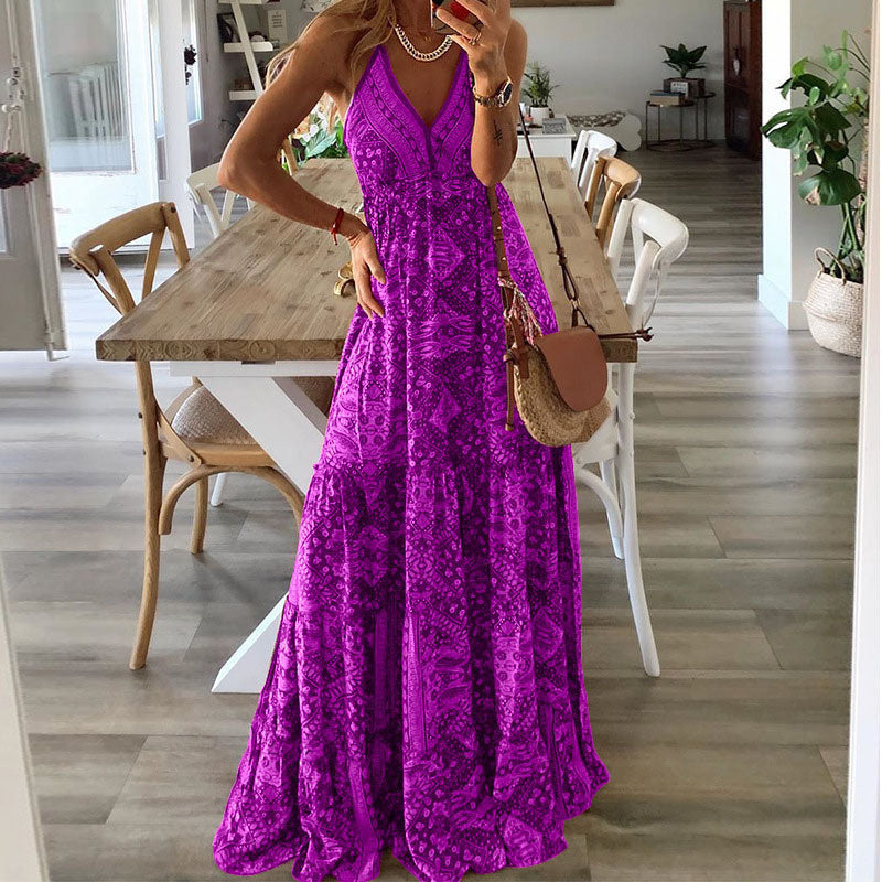 Women's Boho Spaghetti Strap V-Neck Maxi Dress