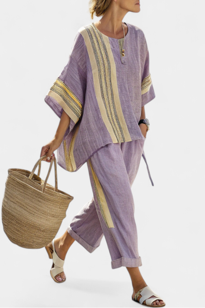 Women's Contrast Trim Top Wide Leg Pants Set