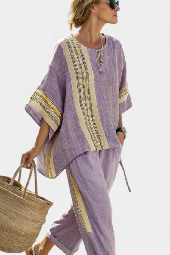 Women's Contrast Trim Top Wide Leg Pants Set