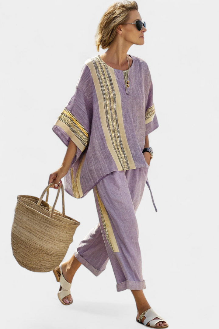 Women's Contrast Trim Top Wide Leg Pants Set